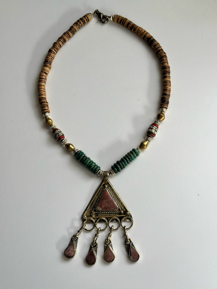 Turquoise Coral Coconut Brass and Silver Necklace