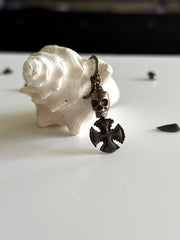 Copper Skull and Antique Cross Earring