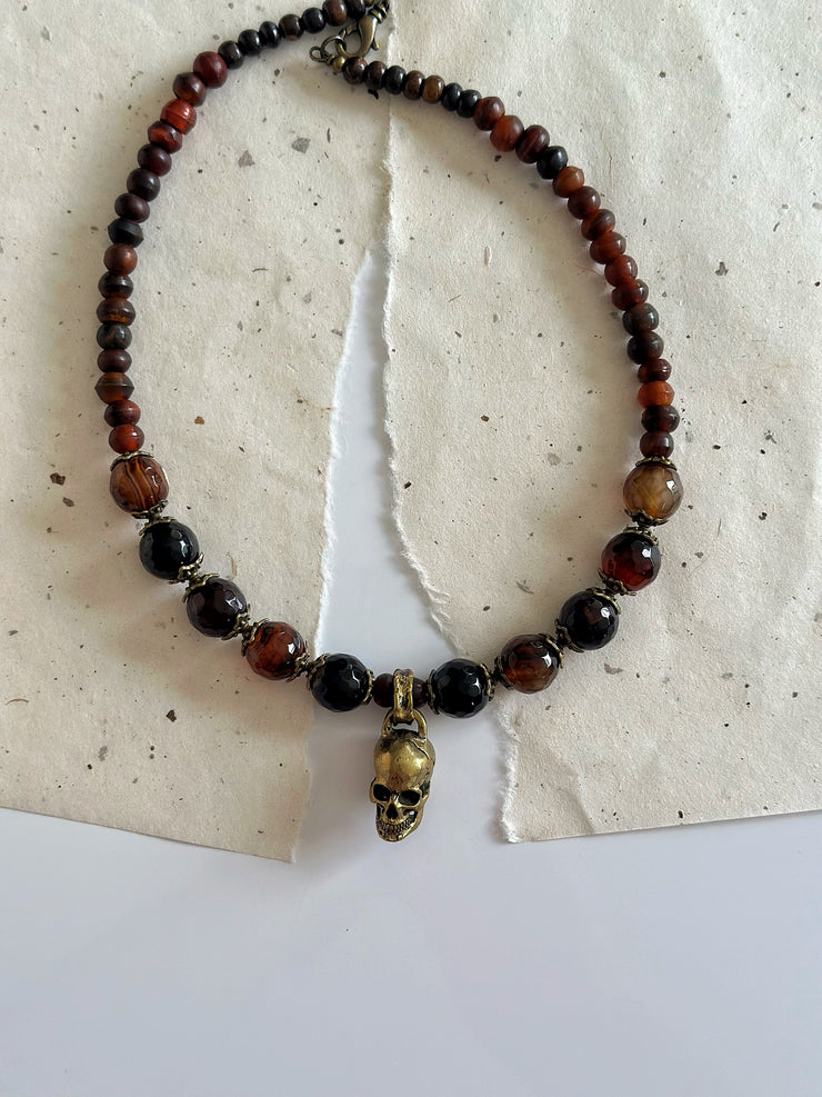 Antique Gold and Agate Skull Necklace
