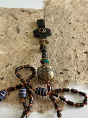 Hand Knotted Rosary with Carved Bone Inlaid Lapiz Lazuli Cross