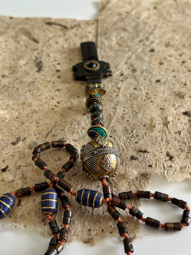 Hand Knotted Rosary with Carved Bone Inlaid Lapiz Lazuli Cross