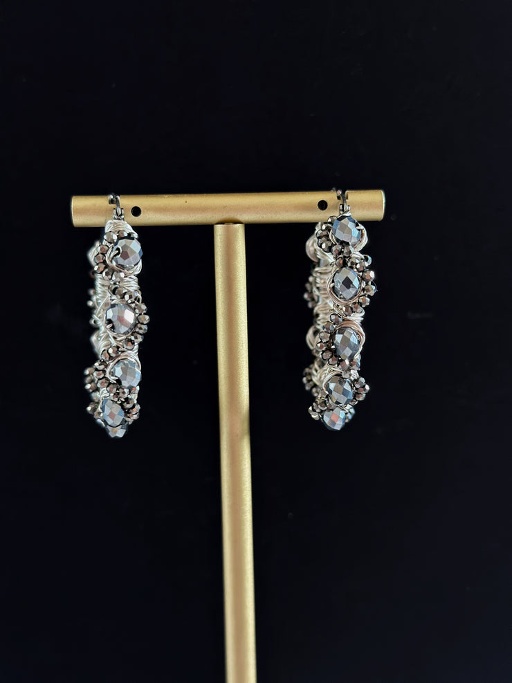 Silver Crystal Beads Hand Wrapped Hoops