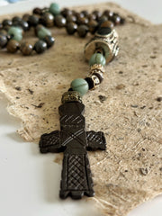 Hand Knotted Rosary With Carved Bone Cross and Bronzite