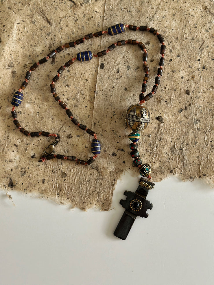 Hand Knotted Rosary with Carved Bone Inlaid Lapiz Lazuli Cross