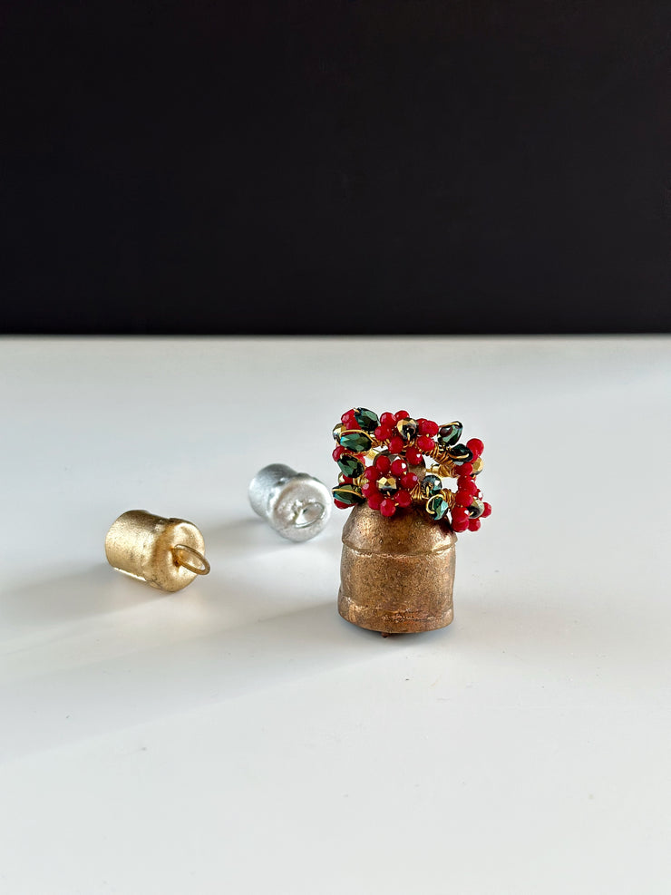 Hand Wrapped Red Flower Hoops with Metallic Green Leaves Small