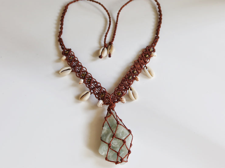 Raw Aquamarine Crystal Macrame Necklace with Cowrie Shells