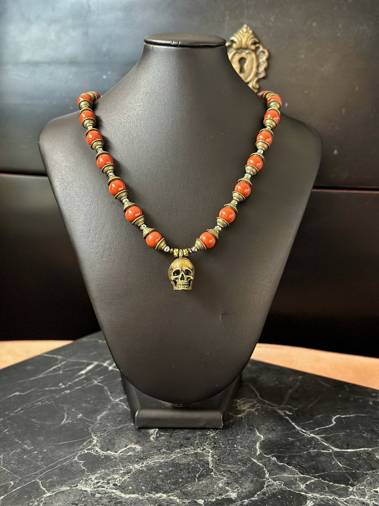 Red Jade Bronze Skull Necklace