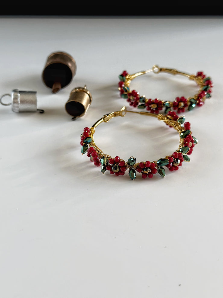 Hand Wrapped Red Flower with Metallic Green Leaves Hoops Large