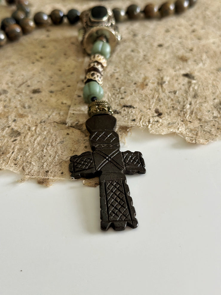 Hand Knotted Rosary With Carved Bone Cross and Bronzite