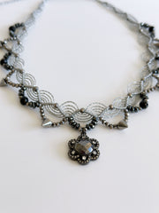 Gunmetal Micro Paved Crystal Gemstone Flower Black Spinel Macrame Choker