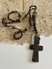 Hand Knotted Rosary with Coral, Tibetan Brass and Carved Bone Cross