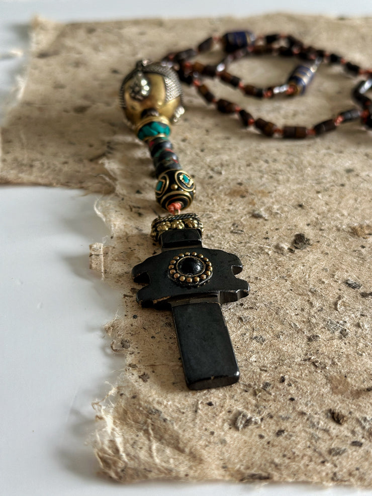 Hand Knotted Rosary with Carved Bone Inlaid Lapiz Lazuli Cross
