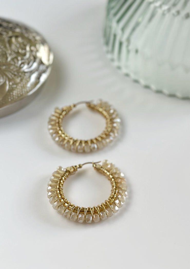 Cream Crystal Wrapped Hoops Large