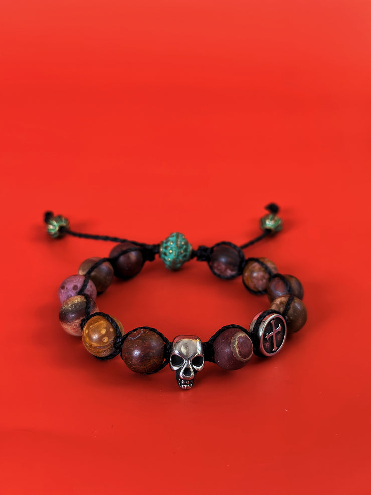 Skull and Cross Picasso Jasper Adjustable Bracelet