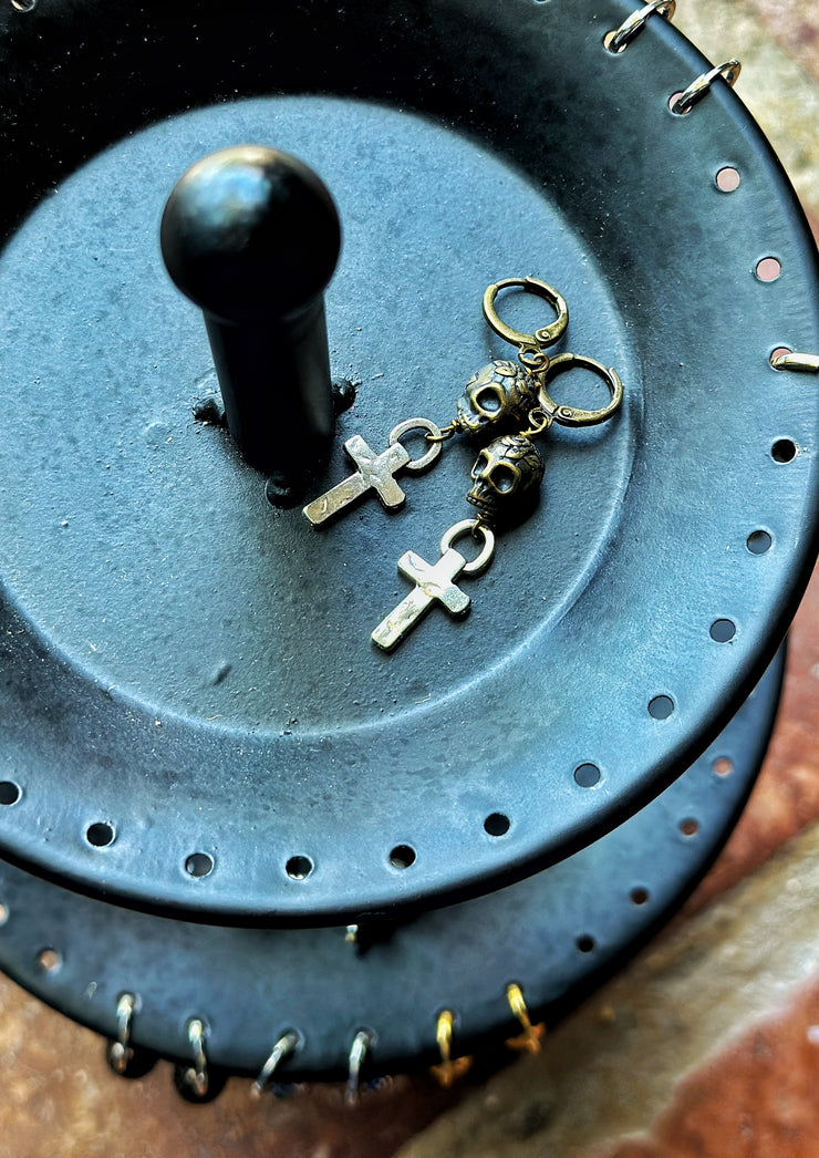 Skull and Cross Earrings Antique Brass