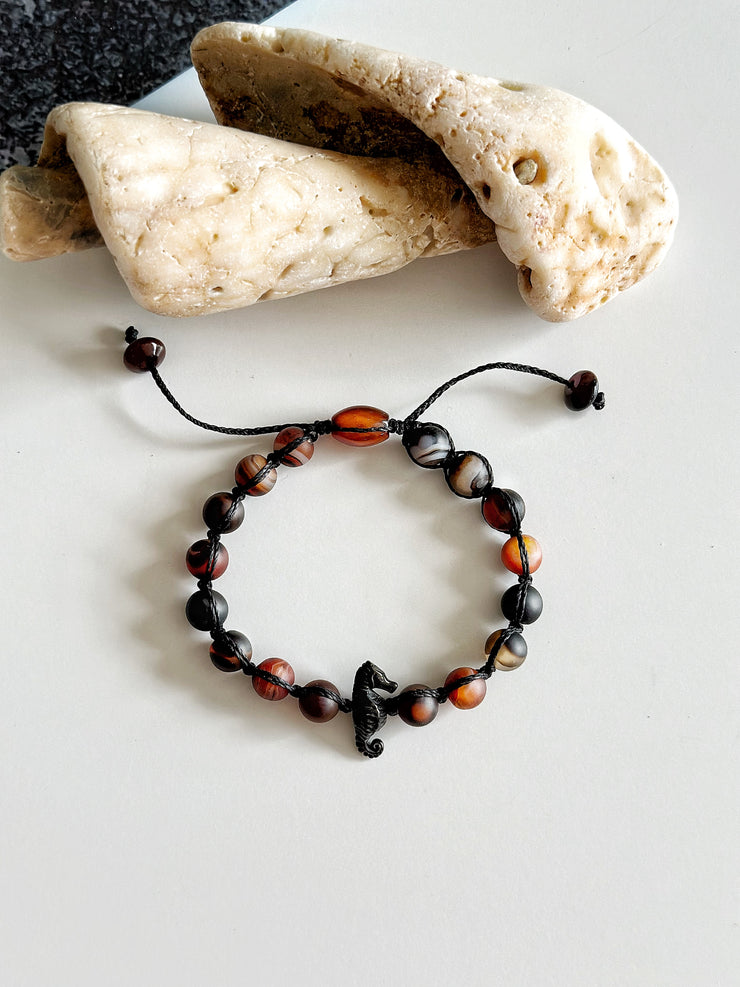 Black Seahorse Matte Agate Adjustable Bracelet