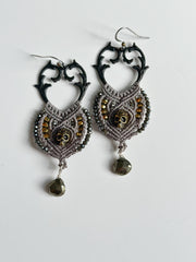 Antique Bronze Skull Macrame Earrings with Pyrite Tear Drop