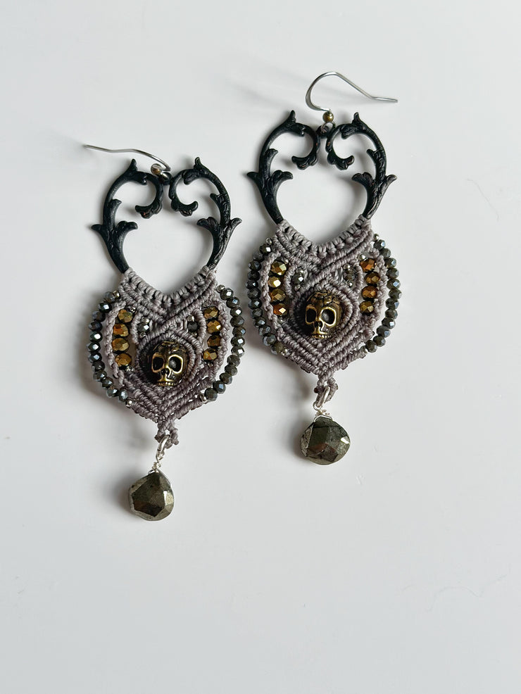 Antique Bronze Skull Macrame Earrings with Pyrite Tear Drop