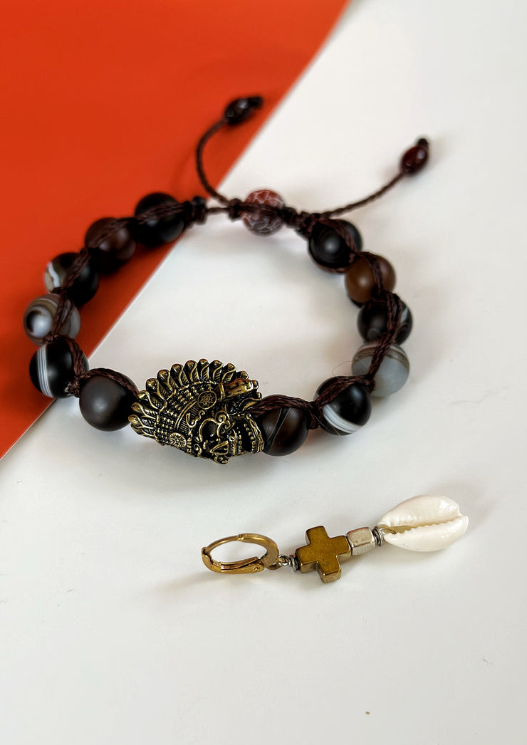 Matte Agate Antique Brass Skull Adjustable Bracelet