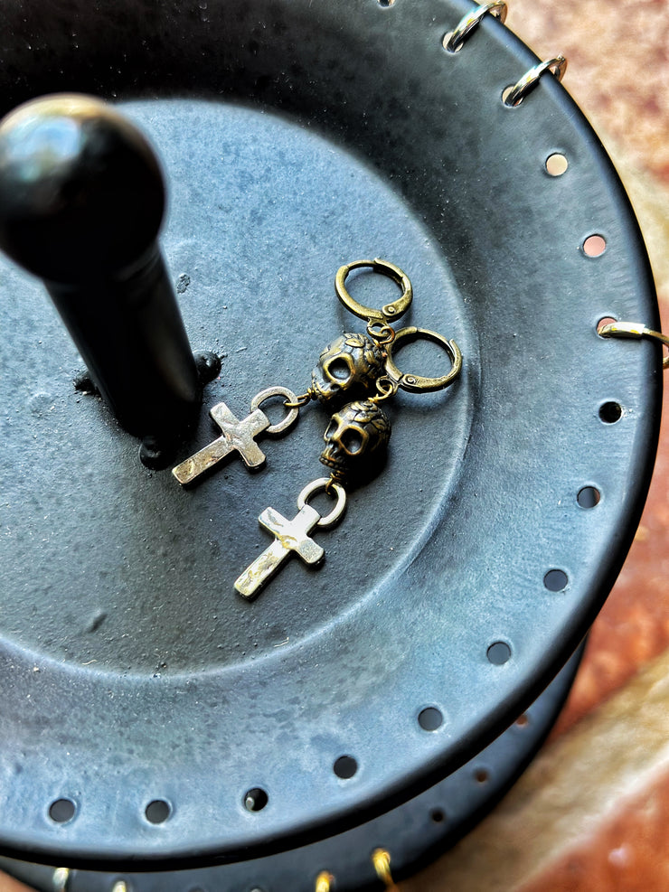 Skull and Cross Earrings Antique Brass