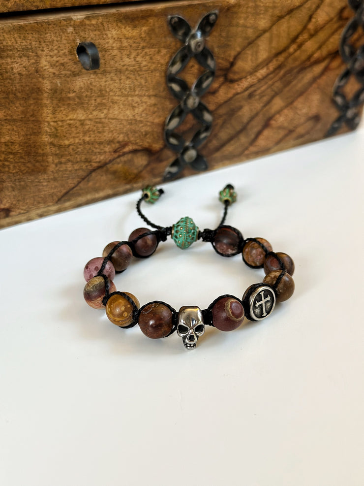 Skull and Cross Picasso Jasper Adjustable Bracelet