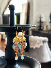 Beaded Macrame Czech Glass Tear Drop Earrings