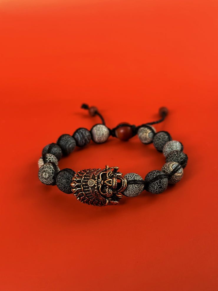 Crackled Agate Antique Brass Skull Adjustable Bracelet