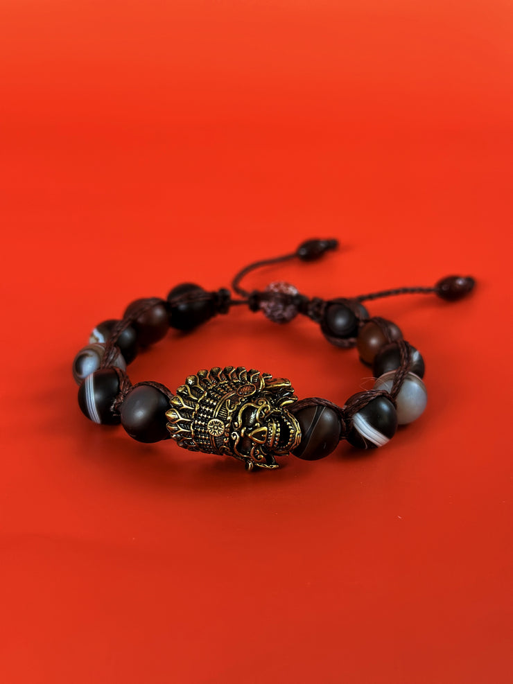 Matte Agate Antique Brass Skull Adjustable Bracelet