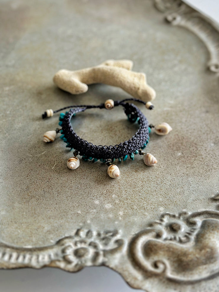 Cat Eye and Shell Adjustable Macrame Bracelet