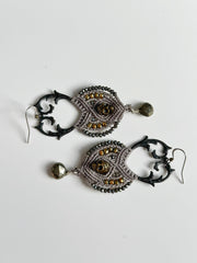 Antique Bronze Skull Macrame Earrings with Pyrite Tear Drop