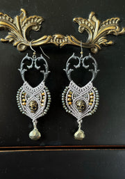 Antique Bronze Skull Macrame Earrings with Pyrite Tear Drop