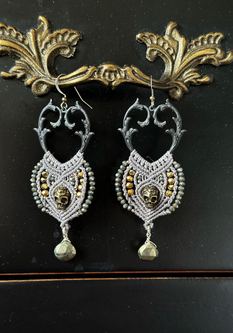 Antique Bronze Skull Macrame Earrings with Pyrite Tear Drop