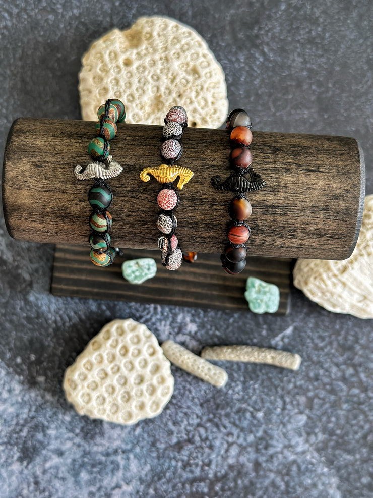 Black Seahorse Matte Agate Adjustable Bracelet