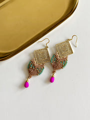 Beaded Macrame Czech Glass Tear Drop Earrings