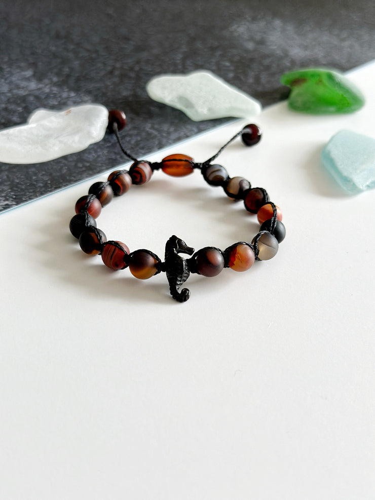 Black Seahorse Matte Agate Adjustable Bracelet