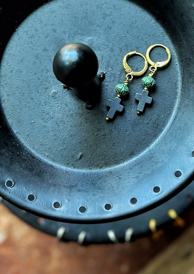 Hematite and Patina Cross Earrings