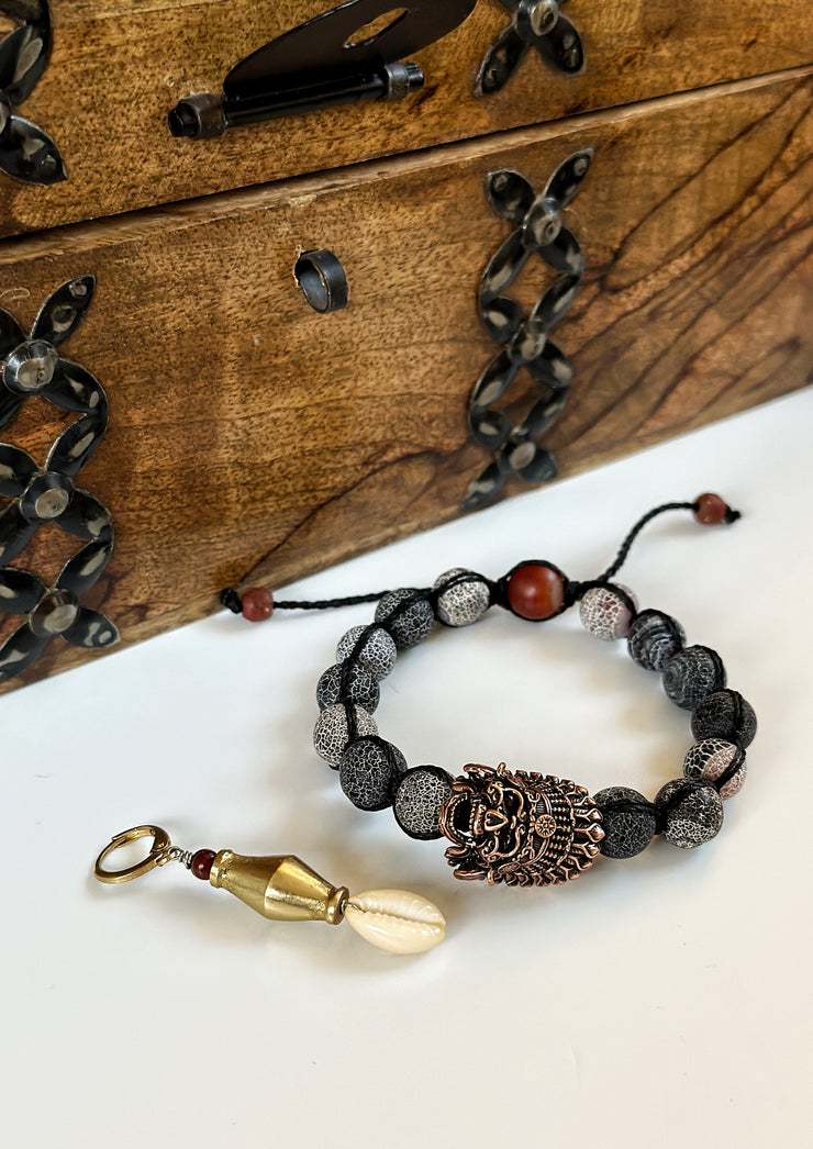 Crackled Agate Antique Brass Skull Adjustable Bracelet