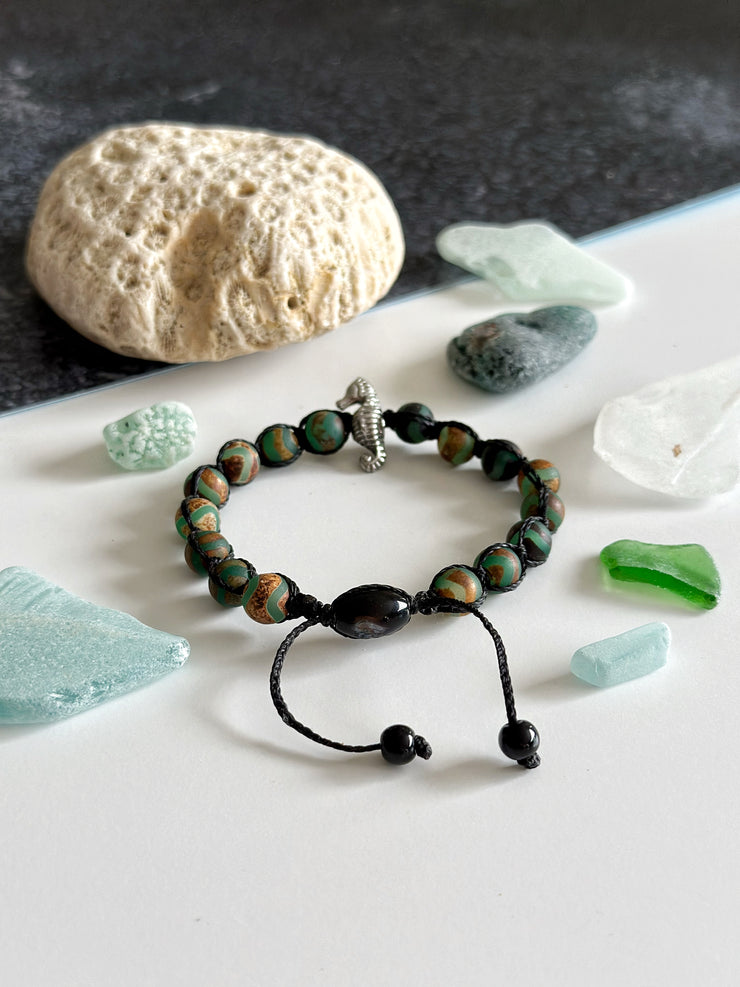 Silver Seahorse Moss Agate Adjustable Bracelet