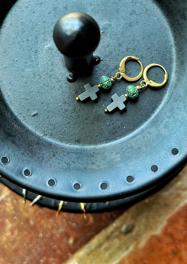 Hematite and Patina Cross Earrings