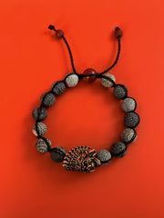 Crackled Agate Antique Brass Skull Adjustable Bracelet