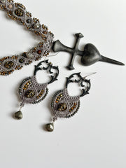 Antique Bronze Skull Macrame Earrings with Pyrite Tear Drop