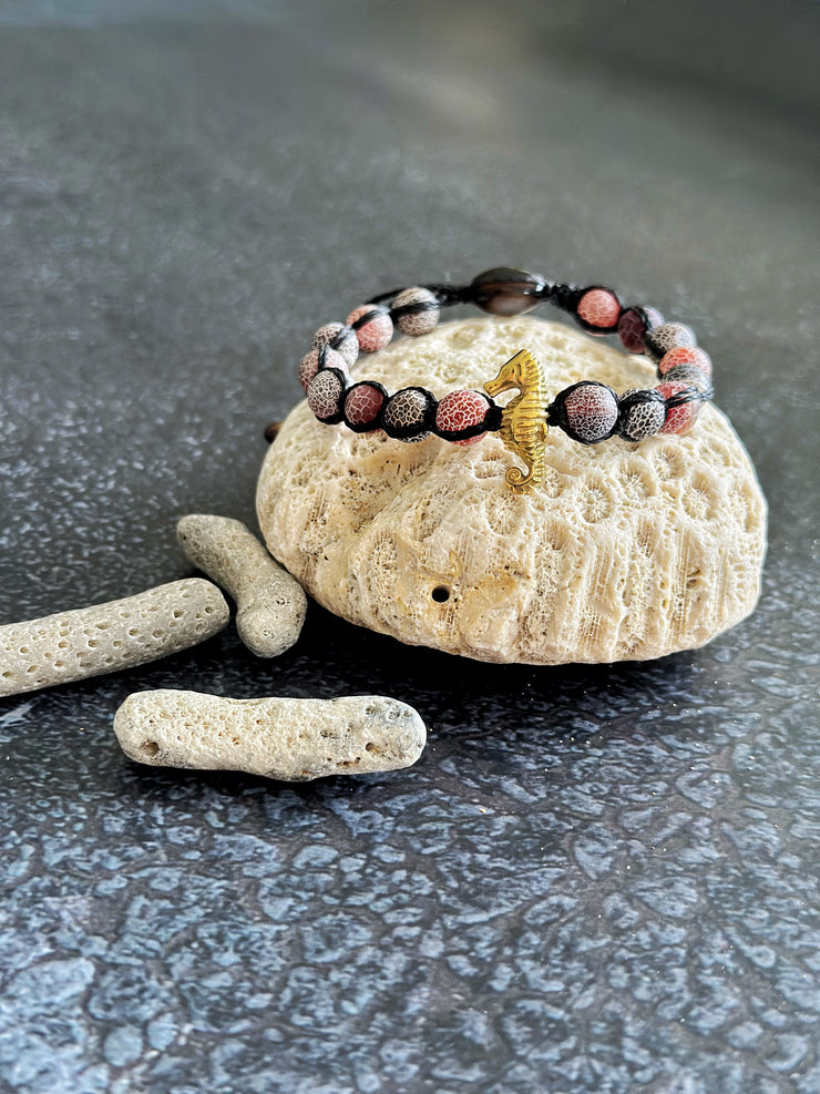 Gold Seahorse Crackled Agate Adjustable Bracelet