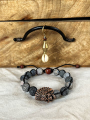 Crackled Agate Antique Brass Skull Adjustable Bracelet