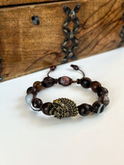 Matte Agate Antique Brass Skull Adjustable Bracelet