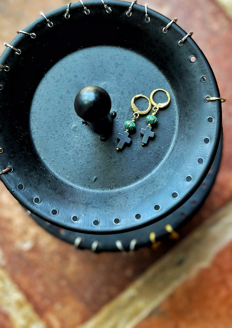 Hematite and Patina Cross Earrings