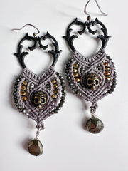 Antique Bronze Skull Macrame Earrings with Pyrite Tear Drop