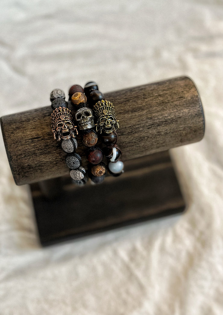 Matte Agate Antique Brass Skull Adjustable Bracelet