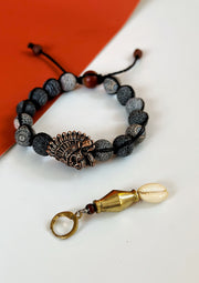 Crackled Agate Antique Brass Skull Adjustable Bracelet