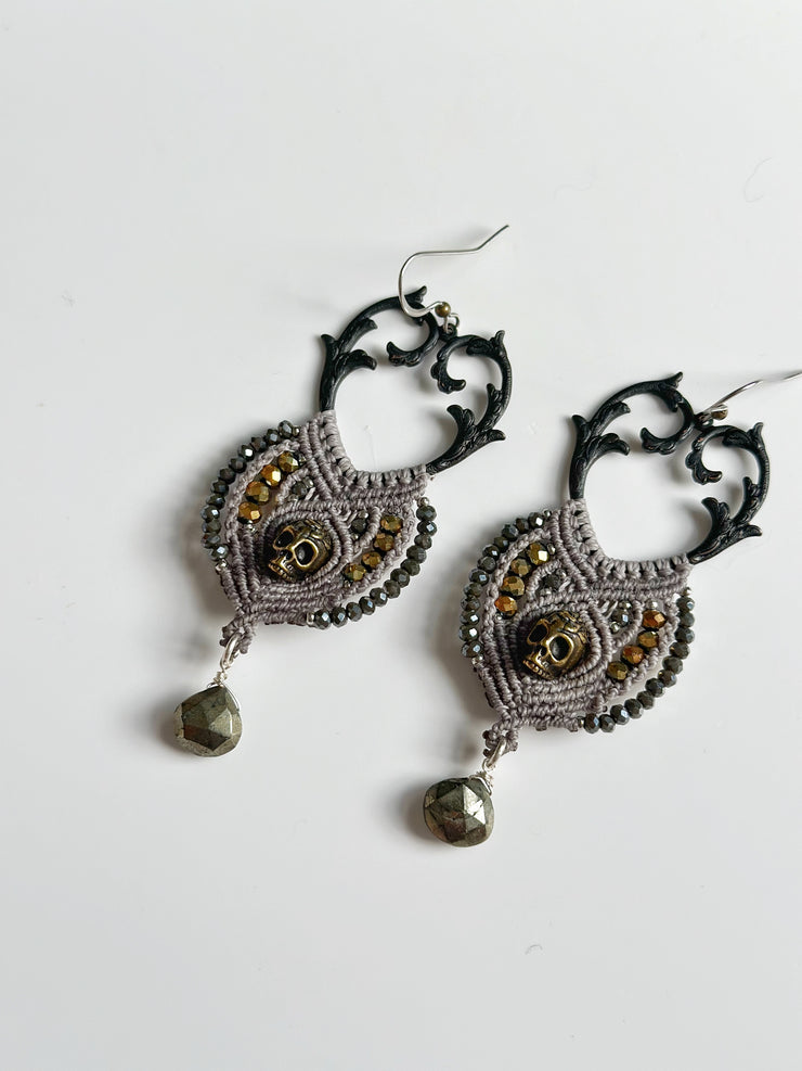 Antique Bronze Skull Macrame Earrings with Pyrite Tear Drop