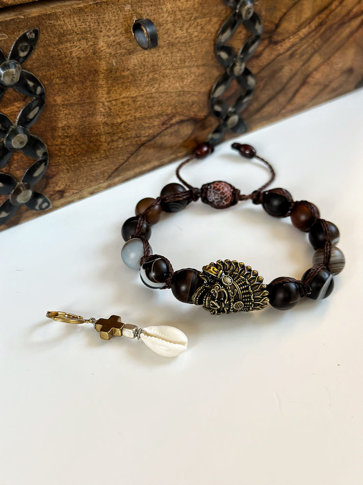 Matte Agate Antique Brass Skull Adjustable Bracelet